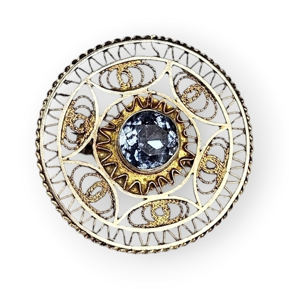 Israeli Yemeni Sterling Filigree Brooch Cannetille Gold Wash 925 Silver Vintage